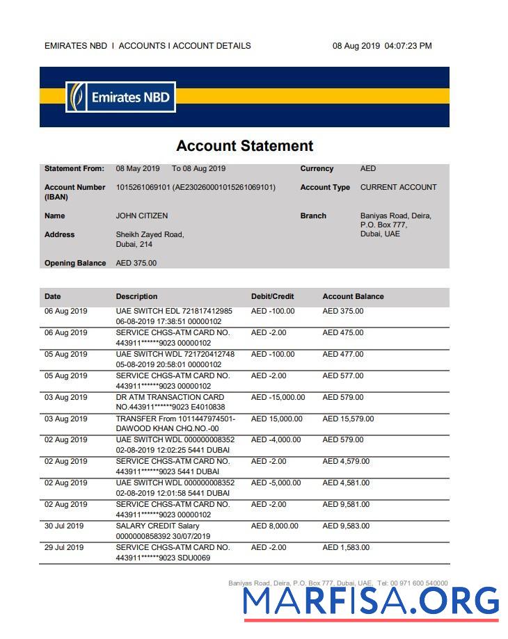 Realistic UAE Dubai Emirates NBD bank proof of address statement word download for verification